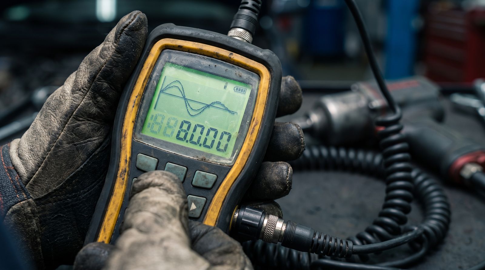 Hand-arm vibration meter showing a live reading