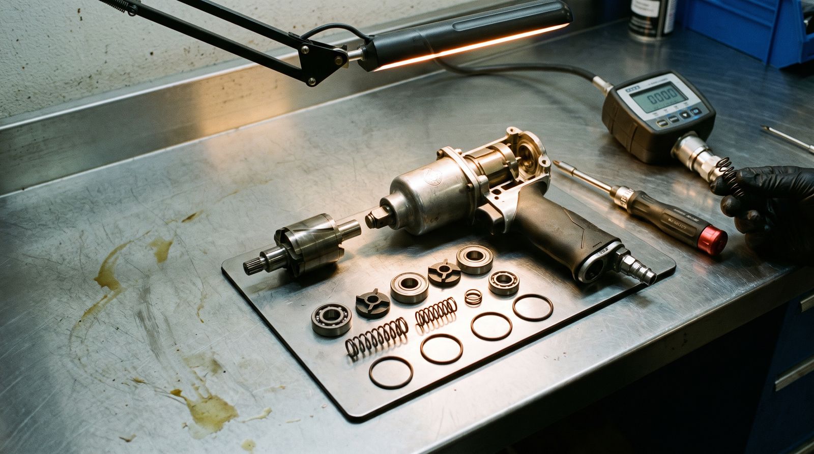 Air tool stripped down for service on the repair bench