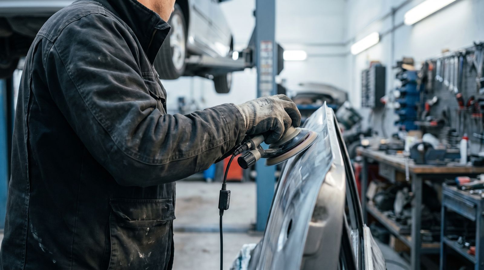 Technician measuring vibration on a running sander in a dealership workshop