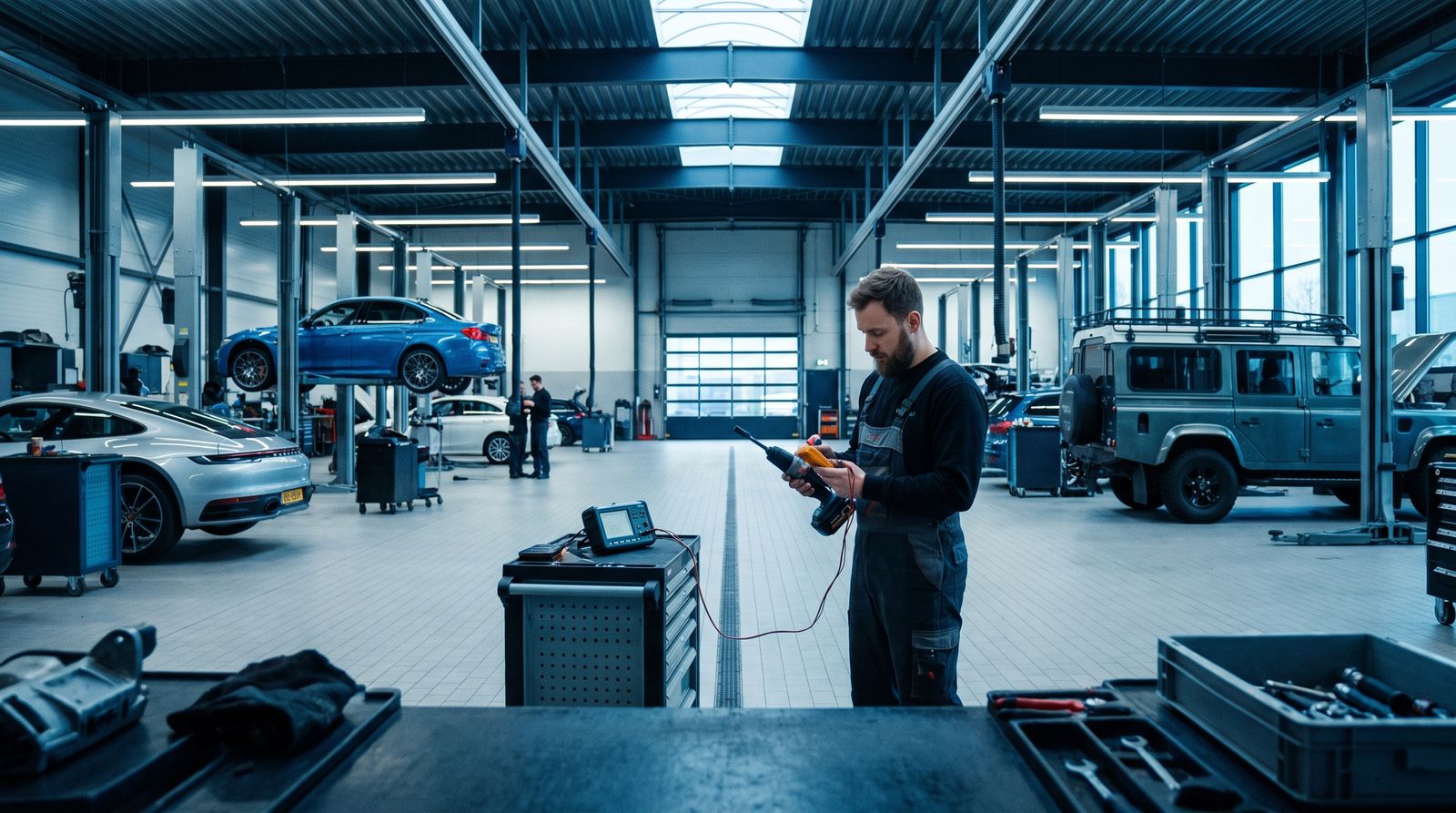 Dealership workshop during a testing visit, work continuing as tools are measured
